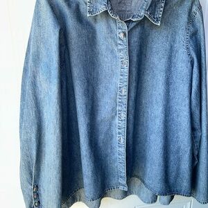 Artsy Bilevel blue jean jacket or shirt. Oversized Bust at 50”